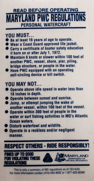 Maryland Personal Water Craft Regulations Sticker