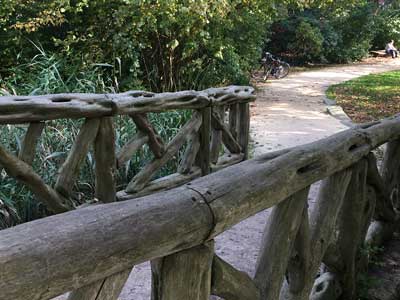 bridge leading to a path with a bench