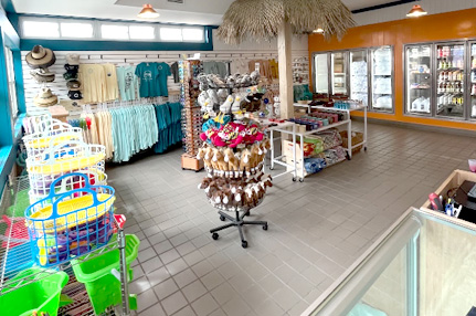 Inside the store and gift shop, there are beach supplies, drinks and food items.