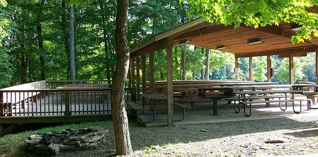Pavilion with picnic tables and fire pit