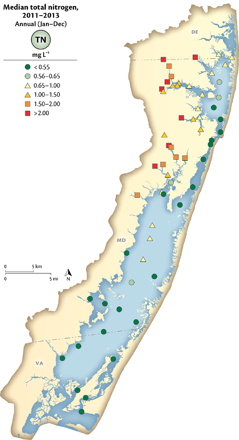 Map of Nitrogen Levels in Maryland's Coastal Bays 2011-2013