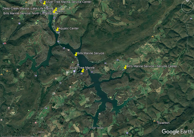 Map of Deep Creek Lake and the marinas in the area