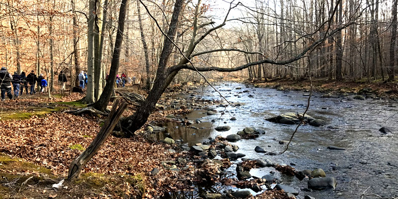 Hikers walking along the Patapsco River in the woods