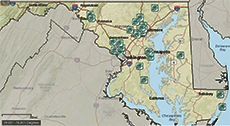 Clickable Maryland Map links to Nature Play Space sites in the state