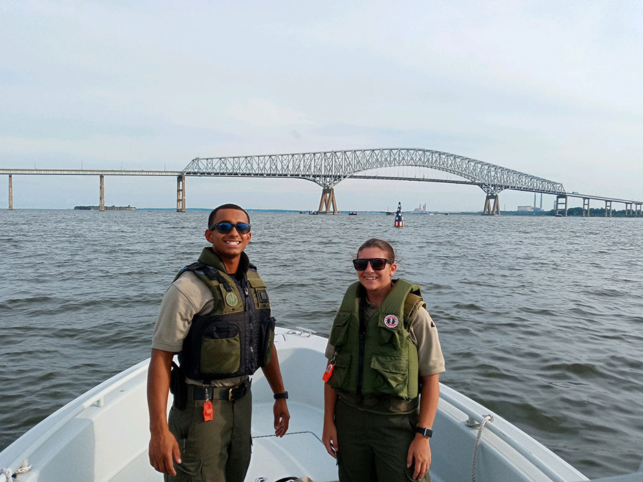 Photos showing NRP Cadets on a dock and in a patrol vessel