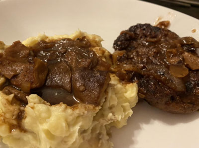 Country Fried Venison with Red Wine Gravy, Mushrooms, and Onions