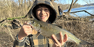 Cooper Goff holds up a Susquehanna River hickory shad for a photo before releasing it. 