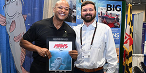 Governor Wes Moore and Secretary Josh Kurtz promote fishing for Maryland’s invasive blue catfish during a 2024 event. Maryland DNR photo.