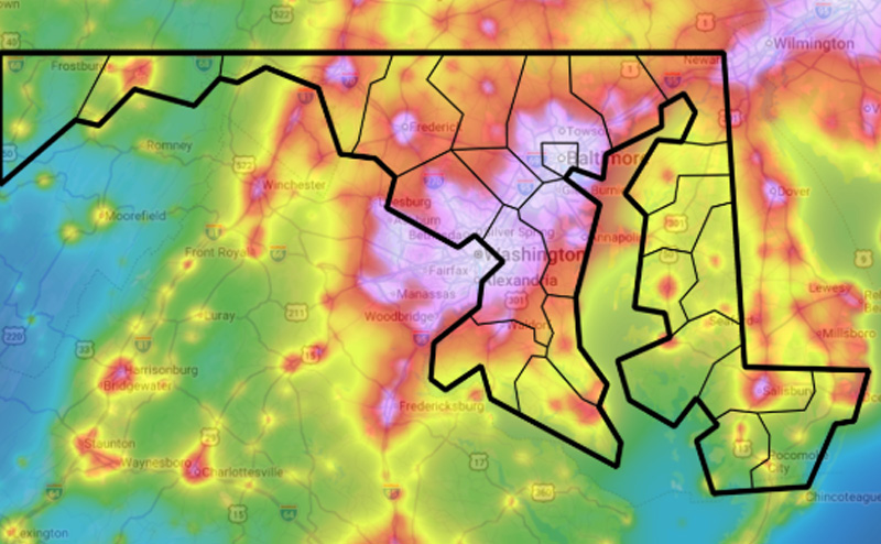 Light pollution map showing the most illuminated part of the stat is the I-95 cooridor. West and east are less lit.