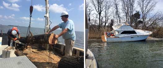 DNR personnel pulling debris from the water, also a photo of an abandoned boat on a beach