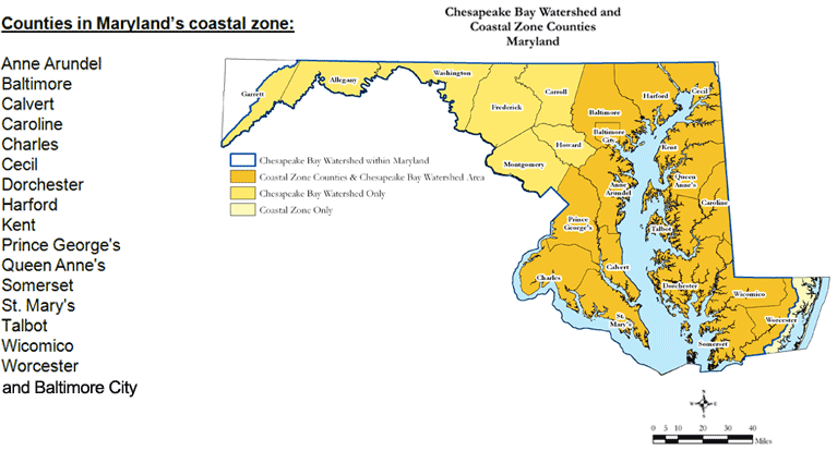 Map showing the counties in Maryland's Coastal Zone