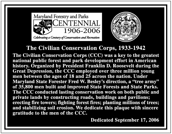 B/W copy of Civilian Conservation Corps commemorative plaque dedicated on Sept. 17, 2006 at Gambrill State Park
