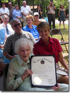 Helen Besley Overington (seated beside her daughter Peggy Weller) received a citation from Maryland State Governor Martin O'Malley to mark her life's accomplishments on the occasion of her 100th birthday.