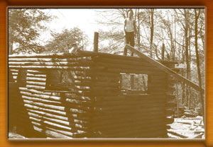 Civilian Convervation Corp worker on roof of cabin at Herrington Manor State Park - 1930's