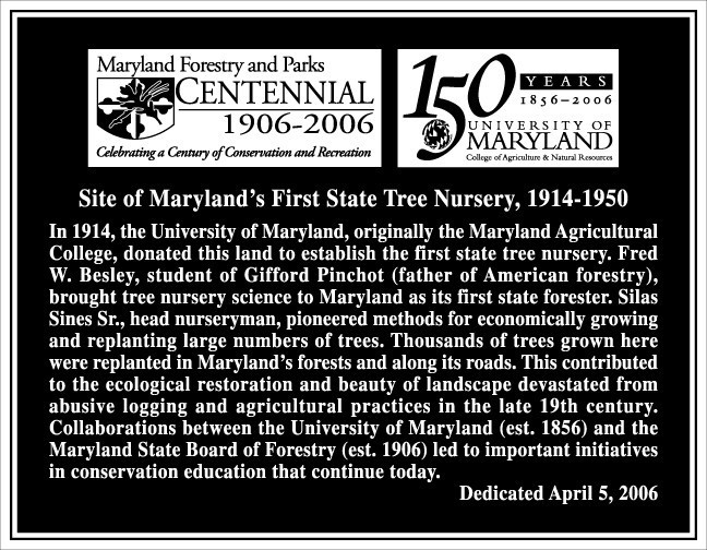 Plaque Dedicating the Site of Maryland's First State Tree Nursery, 1914-1950