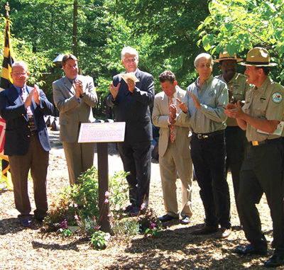 Pictured (l to r): DNR Secretary C. Ronald Franks, State Delegate James Malone, State Delegate Steven DeBoy, Assistant Secretary for Resource Conservation Mike Slattery, Mr. Kirk Rodgers (grandson of Fred W. Besley), Park Manager Captain Gary Burnett and Maryland Park Service Superintendent Colonel Rick Barton with newly dedicated plaque.