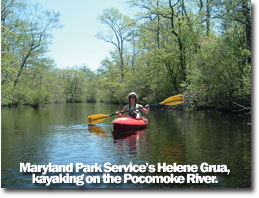 a photo of Maryland Park Service's Helene Grua, kayaking on the Pocomoke River.