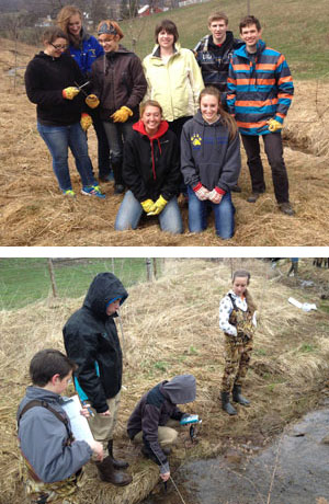 Top: AP Environmental Science Teacher Rebecca Kenyon-Sisler with her students at their restoration project on Cove Run. Bottom: Students from North Garrett County High School mentoring students from Swan Meadow on how to measure water quality. 