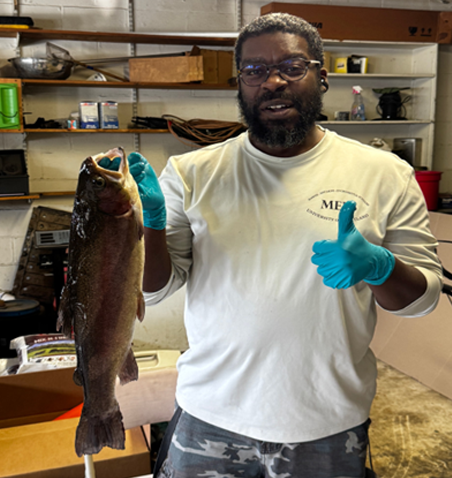 ​Ammar Hanif preparing to examine a rainbow trout during a fish health inspection