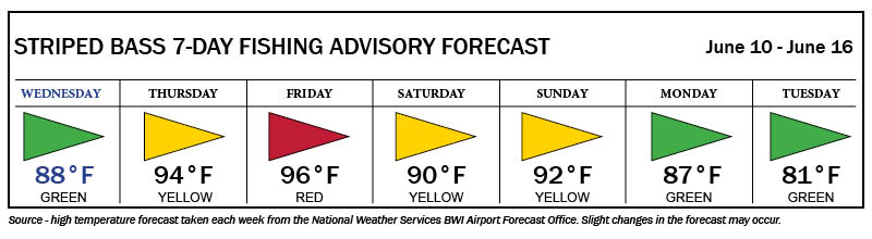 Forecast with color coding for temperature conditions - green flags Wednesday, Monday, and Tuesday; yellow flags Thursday, Saturday, and Sunday; and a red flag on Friday