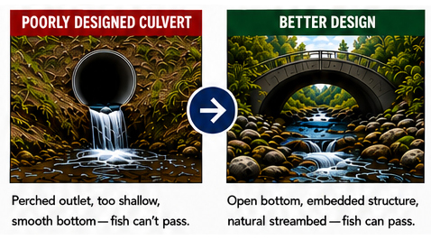 Side-by-side comparison illustrating stream crossing designs: Poorly Designed Culvert (Left): Shows a round pipe elevated above the water creating a waterfall effect. Text notes a perched outlet, shallow water, and smooth bottom that prevent fish passage. Better Design (Right): Shows an arched bridge structure spanning a wide, rocky stream. Text highlights an open bottom, embedded structure, and natural streambed that allow fish to pass.