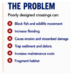 THE PROBLEM - list of six negative impacts of poorly designed stream crossings, each marked with a red 
