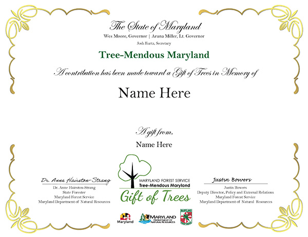 Gift of Trees Sample Certificate. Links to Larger version