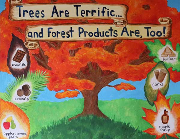 Winner of the 2021 Maryland Arbor Day Poster Contest - A tree with the tagline, Trees are terrific and forest products are too.