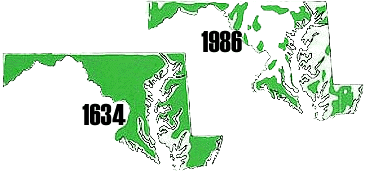 [A comparison of Maryland forest coverage in 1986 and in 1634, in 1634 the entire state was forested in 1986 it is sporatic and most forests are in the western portion of the state.]