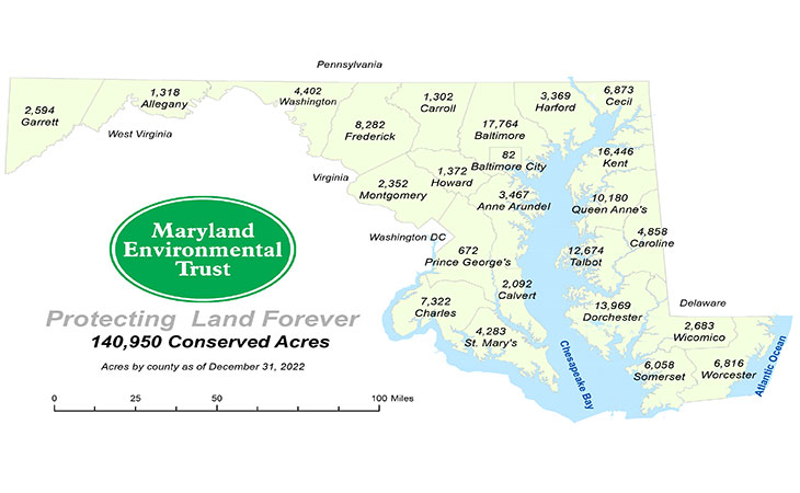 Map of MET Protected Acres in Maryland - 138,666 conserved acres