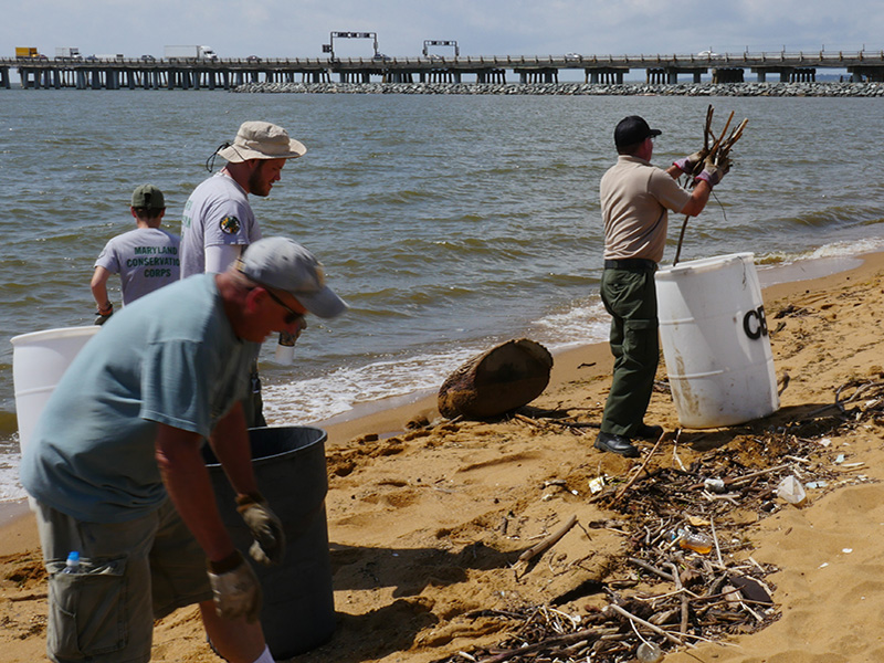 Maryland Park Service and Natural Resources Police staff along with Conservation Corps members and volunteers continue to clean up the debris washing downstream from the Susquehanna River following several days of heavy rains.