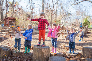 Children balancing on tree strumps at Irvine Nature Center