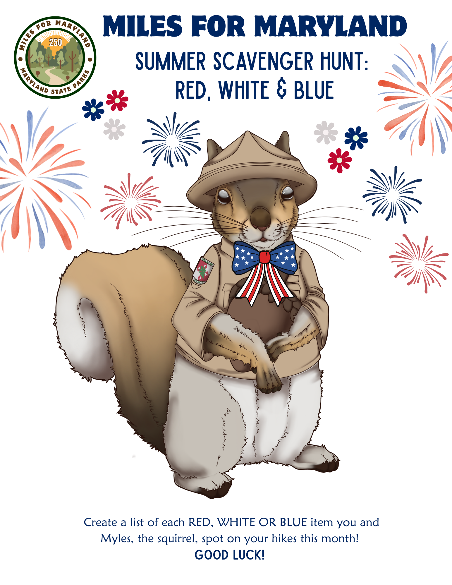 List every red, white or blue item you see on your hikes this month. Links to PDF version