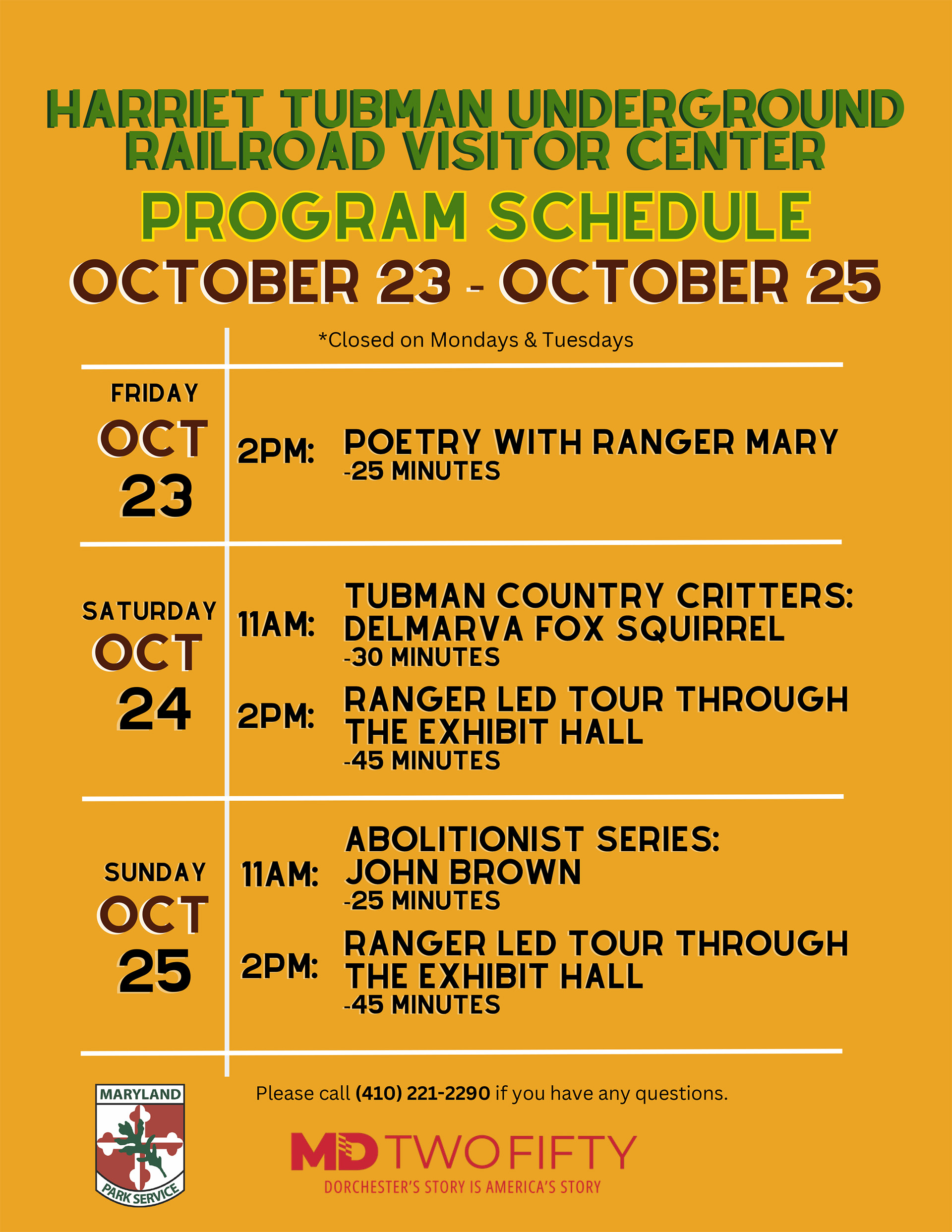 Program schedule for October 23 through October 25