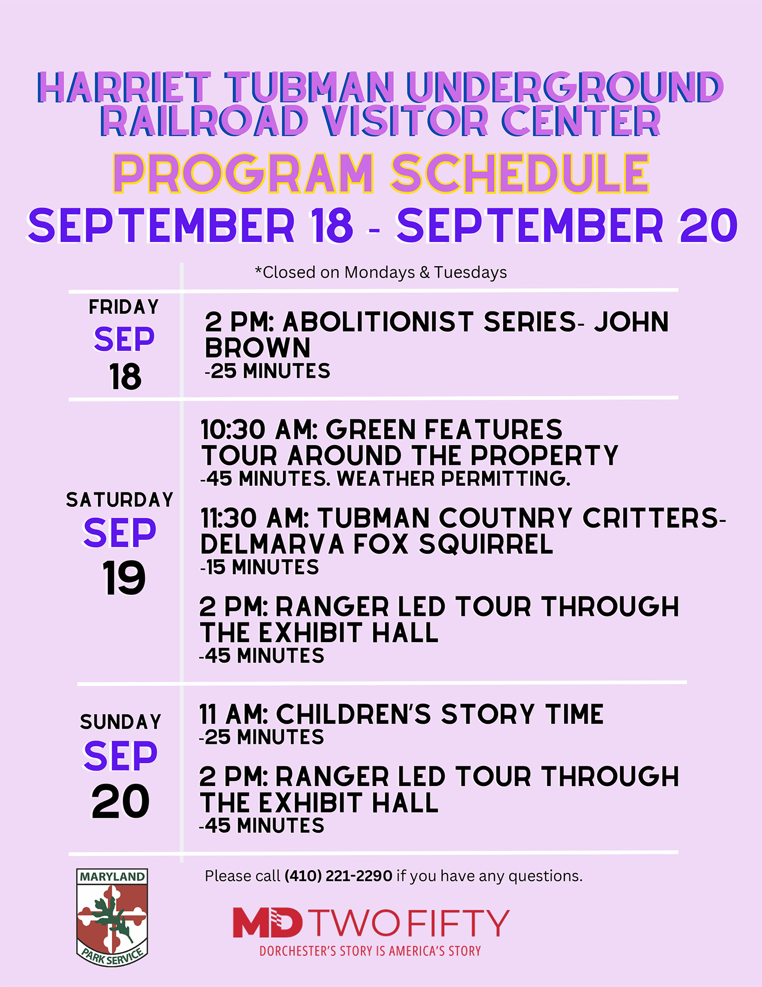 Program schedule for September 18 through September 20