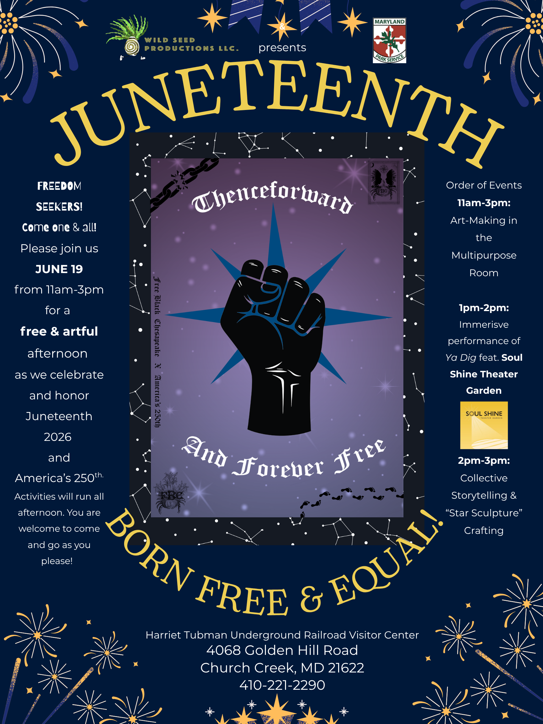 Event flyer for Juneteenth program. Friday, June 19th, 2026 join us for art making and a immersive theatrical performance, 11 am - 3 pm.