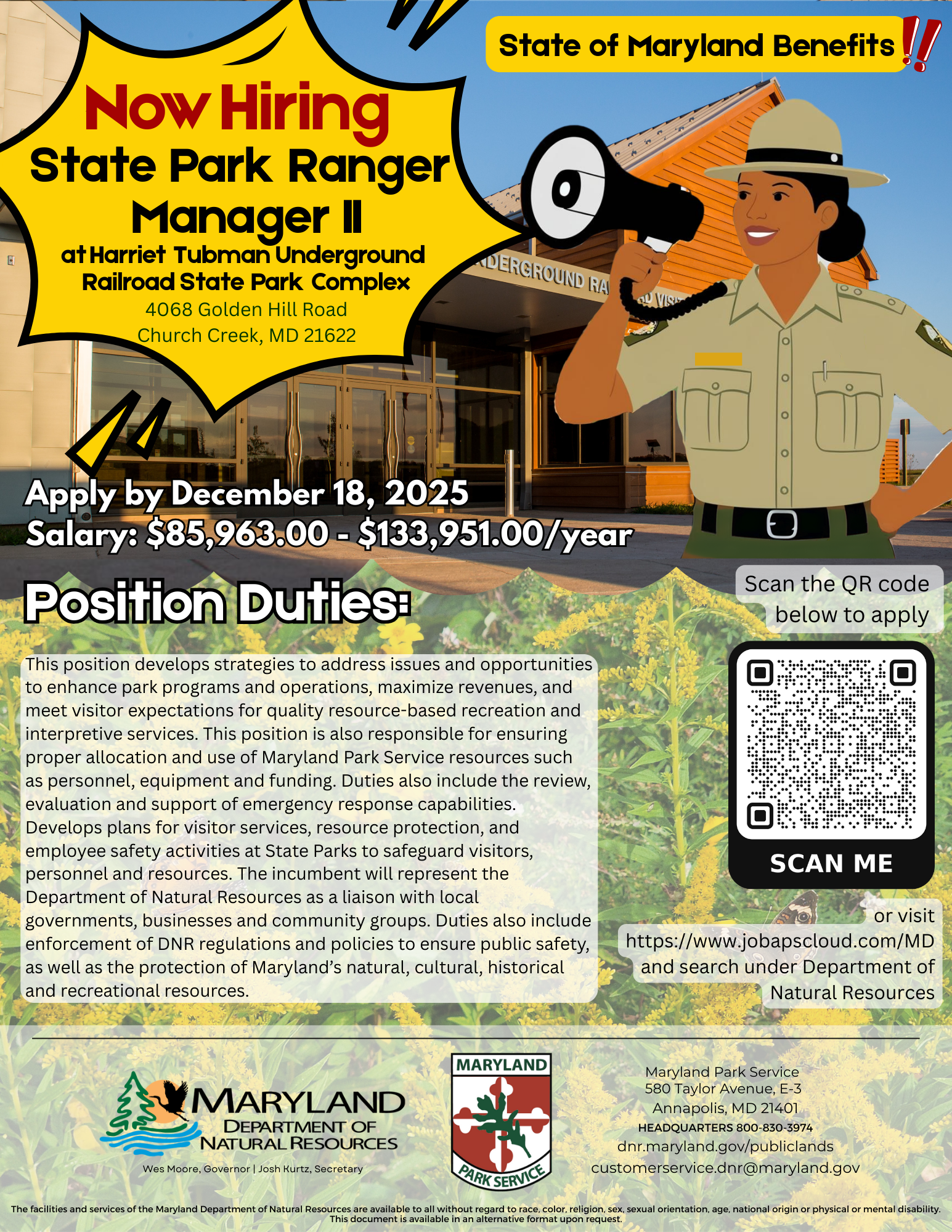 Now Hiring flyer for Harriet Tubman Underground Railroad State Park Complex