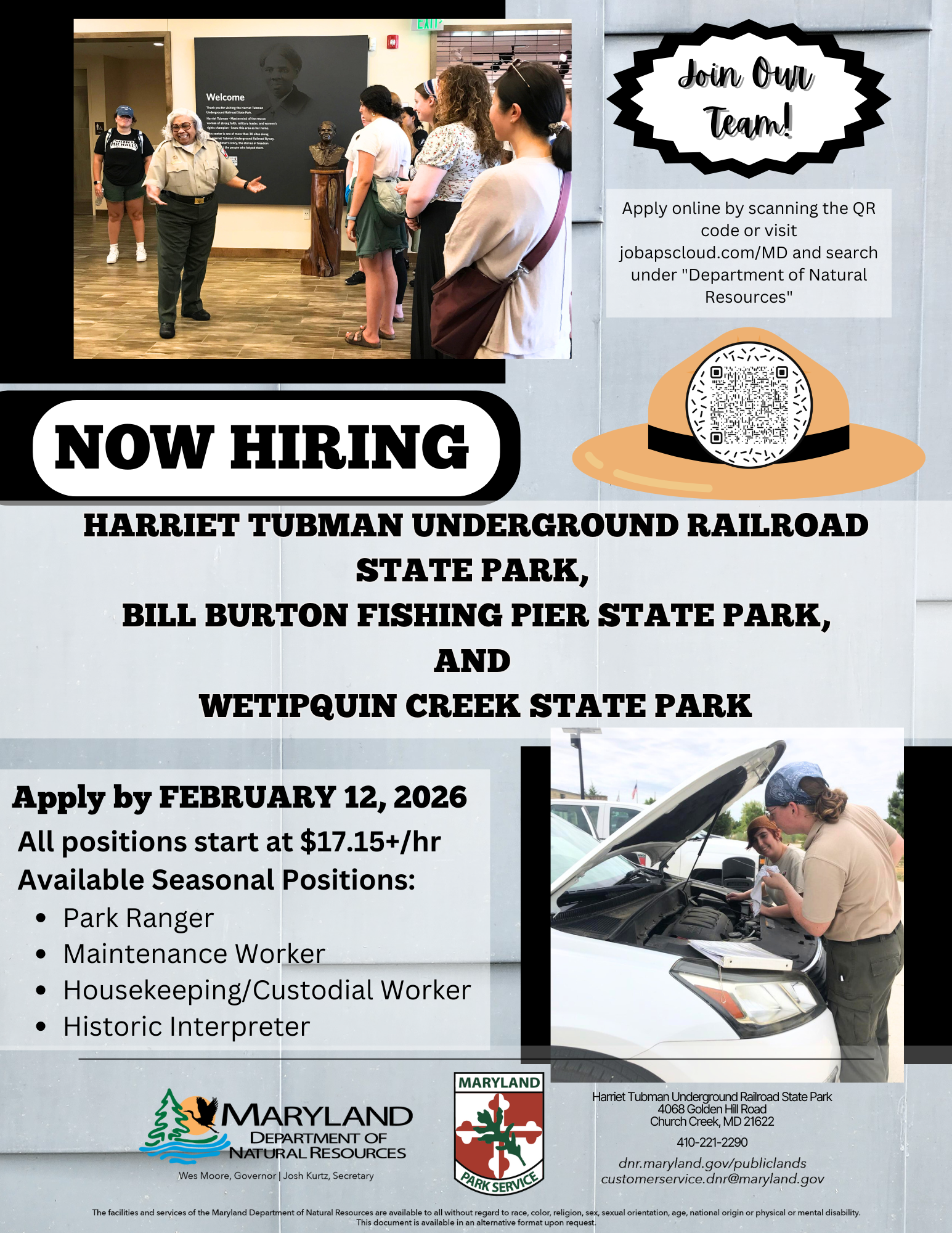 Apply for seasonal employment at Harriet Tubman Underground Railroad State Park by February 12, 2026.