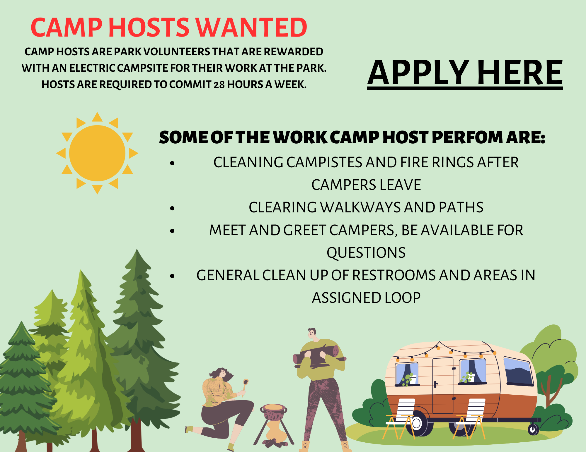 Camp Hosts Wanted. Click to apply