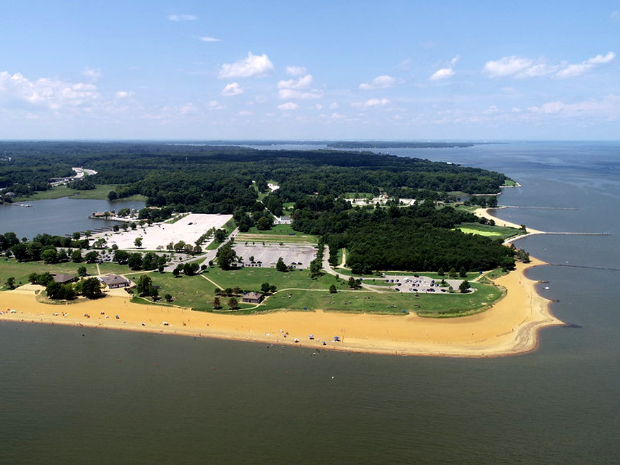 View of the park from a drone, beaches, wooded trails and marina