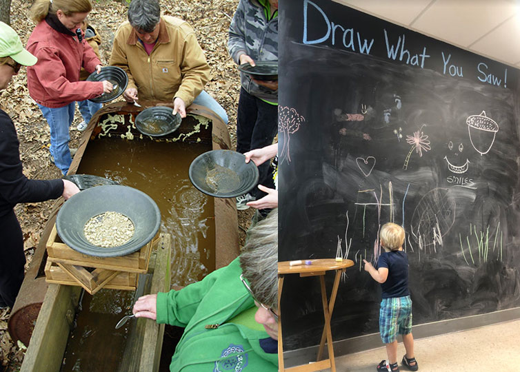 Panning for gold and a kid drawing on a giant chalkboard