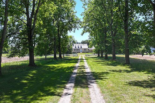 view of the house from the end of the long driveway. Trees line each side as you walk towards the main ho​use