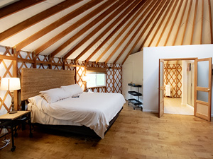 view of the bedroom area, queen bed and enclosed bathroom with two basin sink and shower