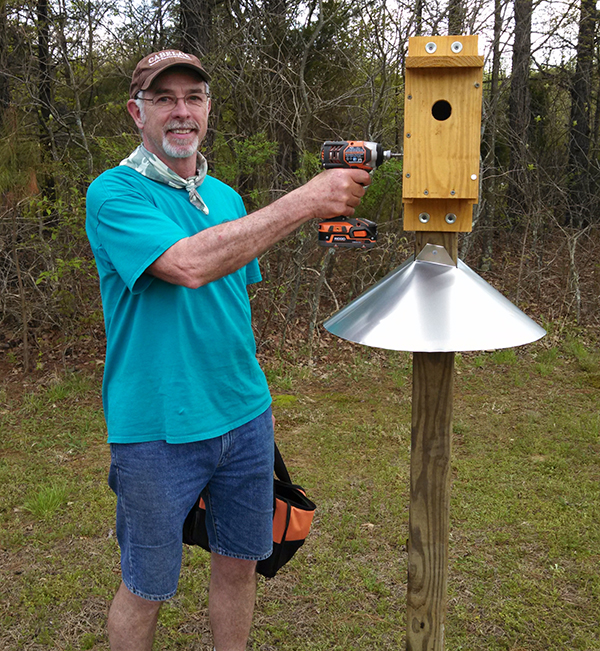 A man standing outside wiht a drill, putting up a wood duck box.