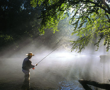 Man fishing in early morning sun