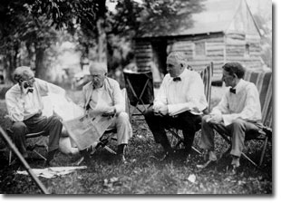 Friends Henry Ford, Thomas Edison, President Warren G. Harding and Harvey Firestone pictured on a camping trip that the four took together in Maryland with members of their families. Photo courtesy of the Ohio Historical Society.