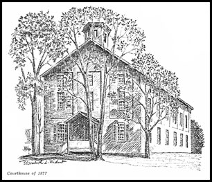 Sketch of the first Courthouse in Garrett County, Maryland.