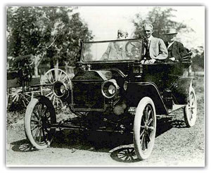 Henry Ford, driver; John Burroughs (front seat) and Thomas Edison (back seat) in a Model T.