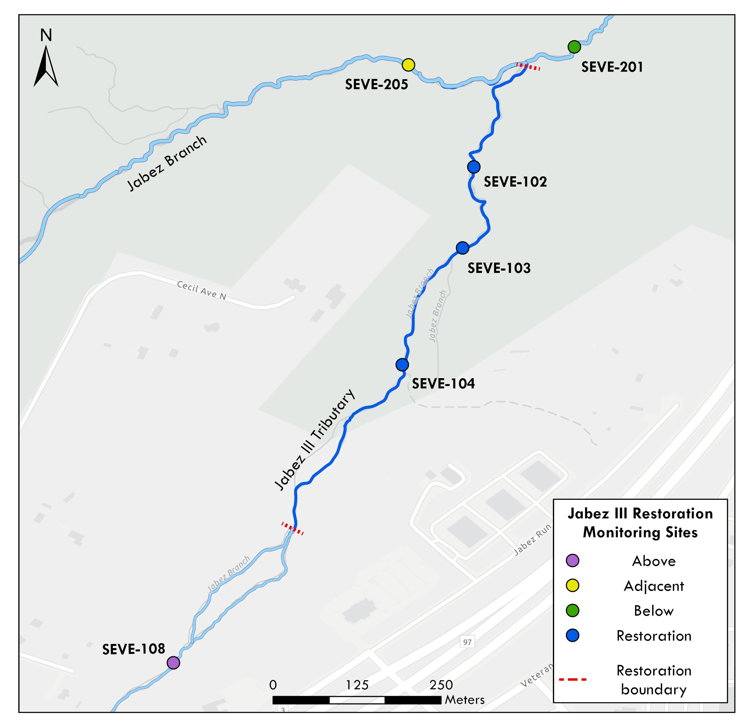 Map displaying six stream site points included in the Jabez Branch III monitoring project