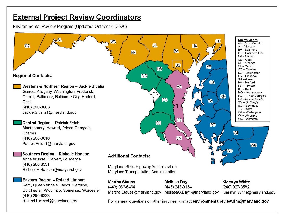 Environmental Review Program Regional Reviewer Map: This image shows a graphic representation of the counties in Maryland color coded to show different regions and the assigned reviewer